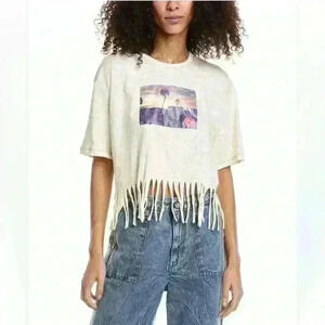 NWOT Ganni Fringe Graphic Ivory Beige Oversized Baggy T-Shirt